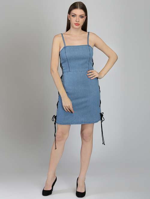 lace up side seam denim dress - 16701637 - Very Small Image - 1