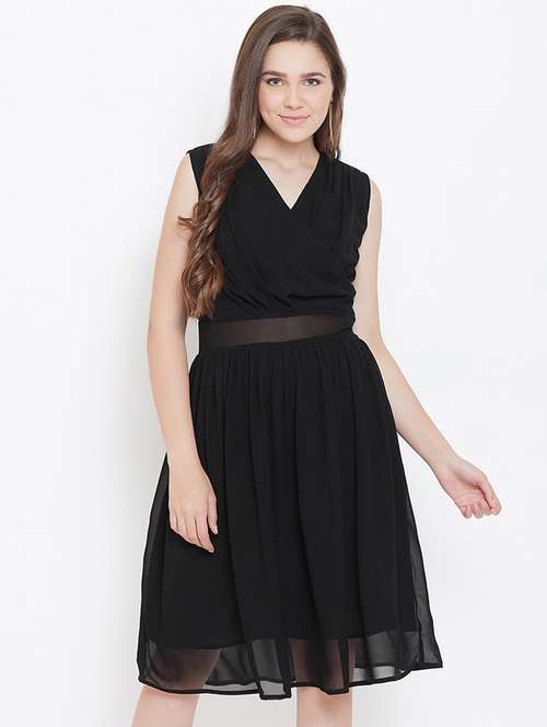 overlap neck gathered flared dress - 16769675 - Very Small Image - 1