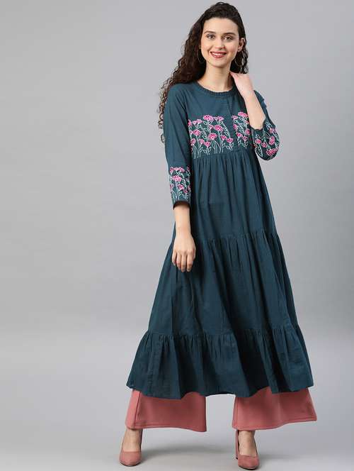 embroidered tiered flare kurta - 16861668 - Very Small Image - 1