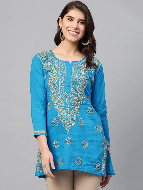 hand-embroidered blue chikankari kurti - 16873317 - Very Small Image - 1