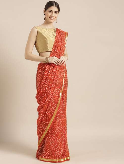 women's bandhani orange colored saree with blouse - 16884689 - Very Small Image - 1