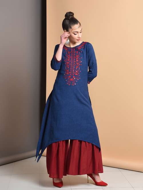 yoke embroidered asymmetric kurta - 16929376 - Very Small Image - 1