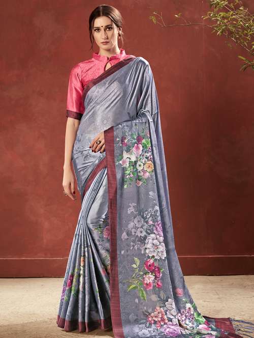 floral printed saree with blouse - 16931910 - Very Small Image - 1