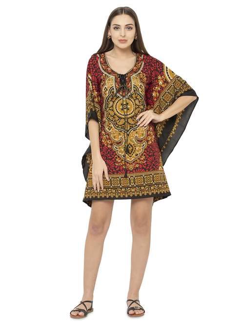 red relaxed fit printed tie-up neck kaftan dress - 17011425 - Very Small Image - 1