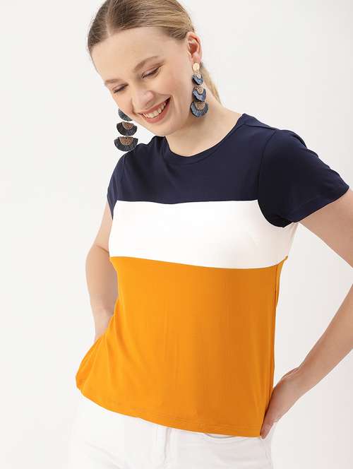 women's color block round neck t-shirt - 17022293 - Very Small Image - 1