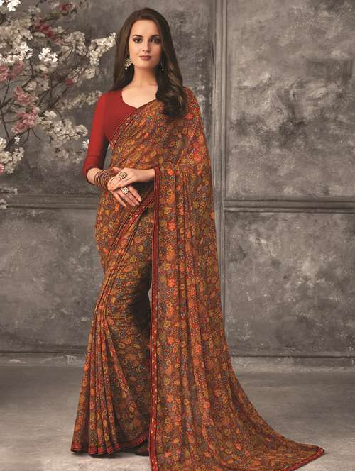 floral printed saree with blouse - 17122792 - Very Small Image - 1