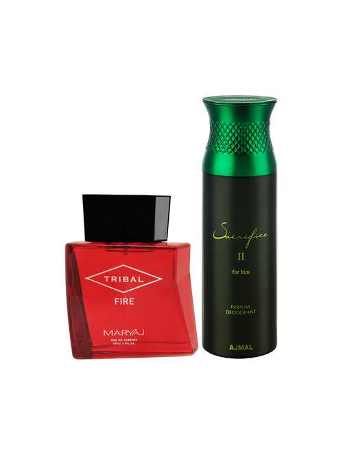 maryaj tribal fire edp ambery 100ml for unisex and ajmal sacrifice ii for him deodorant 200ml for men + 2 parfum testers free - 17150803 - Very Small Image - 1