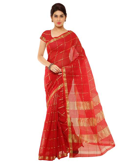 women's checks red colored saree with blouse - 17210832 - Very Small Image - 1