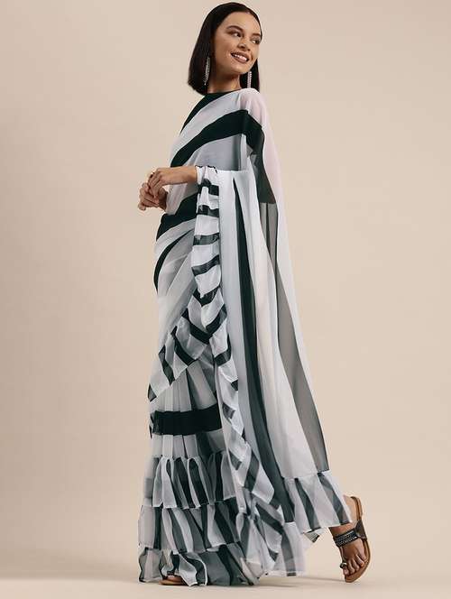 striped printed saree with blouse - 17265192 - Very Small Image - 1
