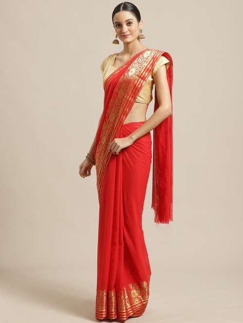 solid woven saree with blouse - 17268591 - Very Small Image - 1