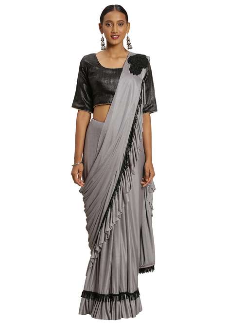 ruffled solid drape saree with blouse - 17379814 - Very Small Image - 1