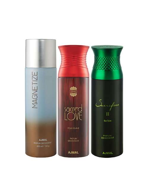 ajmal 1 magnetize for unisex,1 sacred love for women,1 sacrifice ii for men deodorants combo pack of 3(total 600ml)+3 testers - 17404354 - Very Small Image - 1