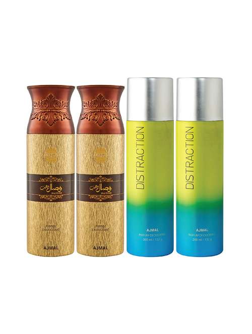 ajmal 2 wisal dhahab for men and 2 distraction for unisex deodorants each 200ml combo pack of 4 (total 800ml) + 3 testers - 17404660 - Very Small Image - 1