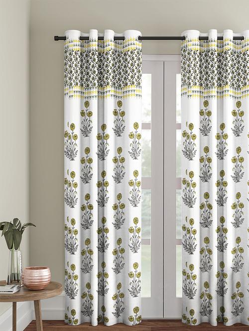 screen print cotton white and yellow floral long door curtain single pc - 17417032 - Very Small Image - 1