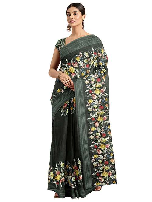women's floral black colored saree with blouse - 17451665 - Very Small Image - 1