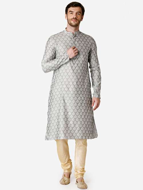grey printed silk blend kurta pyjama set - 17461575 - Very Small Image - 1
