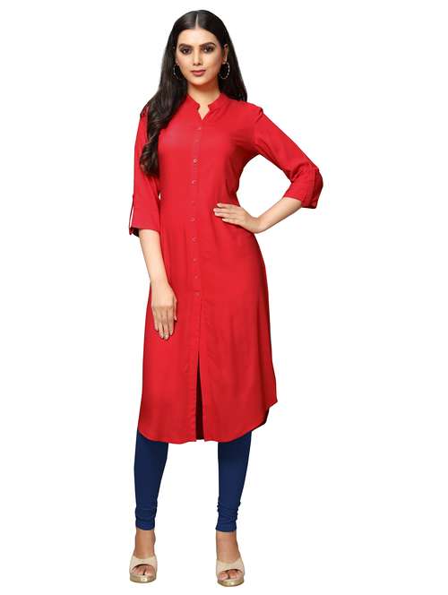 red rayon straight kurti - 17468059 - Very Small Image - 1