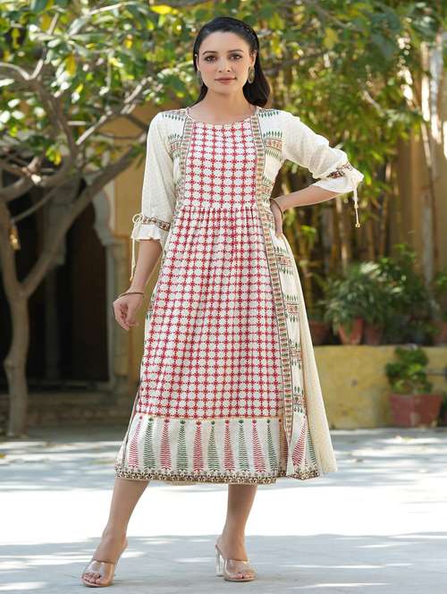 printed layered ethnic dress with face mask - 17509488 - Very Small Image - 1