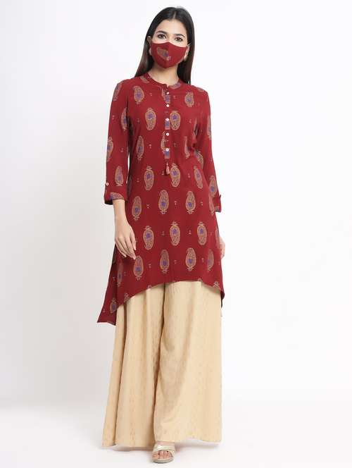 gold print high-low kurta with face mask - 17509504 - Very Small Image - 1