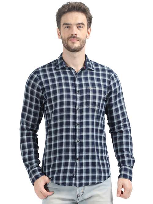 navy blue checkered casual shirt - 17513828 - Very Small Image - 1