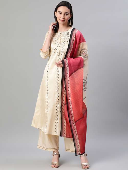 cream art silk suit set - 17628637 - Very Small Image - 1