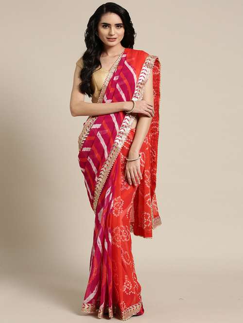 women's bandhani orange colored saree with blouse - 17695701 - Very Small Image - 1