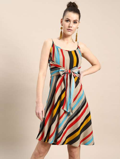 tie front striped fit & flare dress - 17770098 - Very Small Image - 1