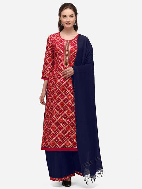 red cotton blend unstitched suit - 17785717 - Very Small Image - 1