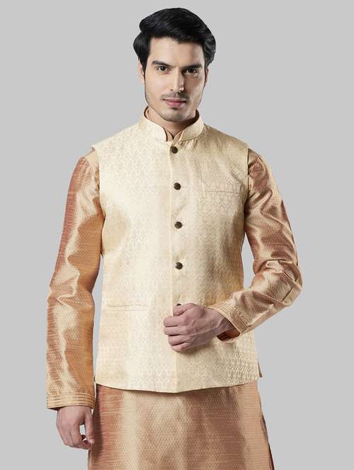 gold self design nehru jacket - 17800668 - Very Small Image - 1