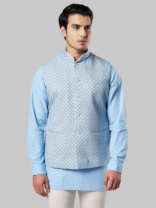 blue self design nehru jacket - 17800701 - Very Small Image - 1