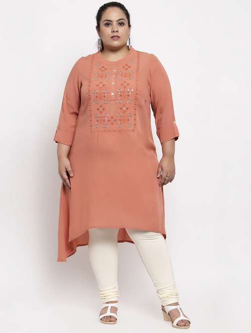 peach mandarin neck embroidered high-low kurta - 17823146 - Very Small Image - 1