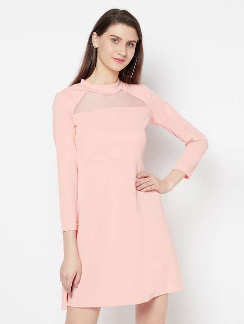 mock neck mesh panel a-line dress - 17853841 - Very Small Image - 1