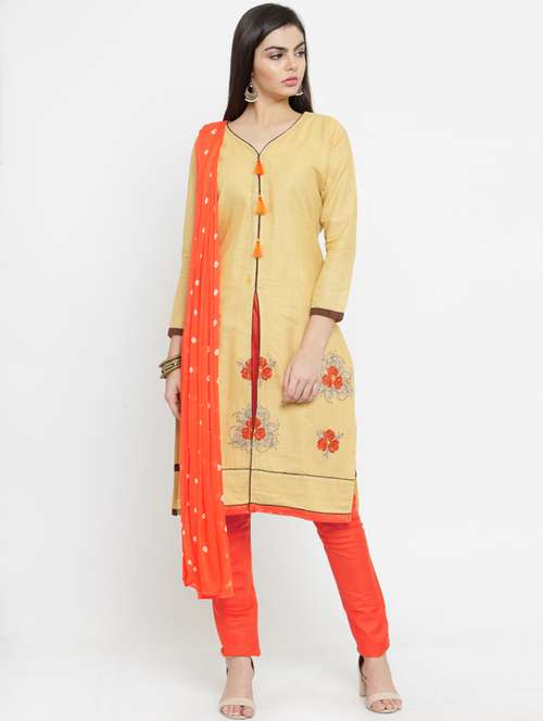 beige cotton semistitched suit - 17856829 - Very Small Image - 1