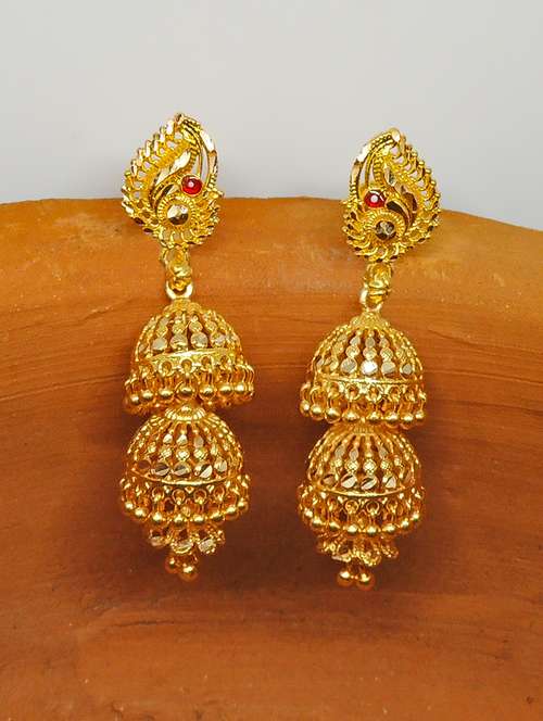 gold brass jhumka earring - 17860290 - Very Small Image - 1