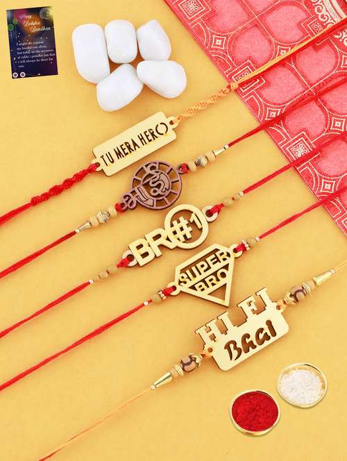 pack of 5 thread rakhi with roli chawal and greeting card - 17900838 - Very Small Image - 1