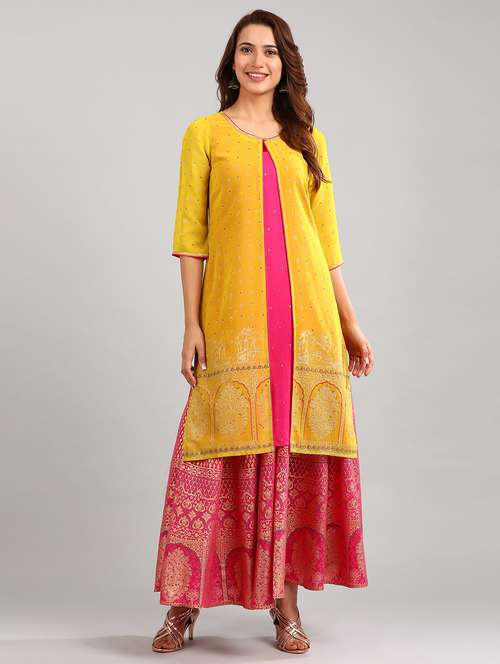 gold print layered kurta - 17933227 - Very Small Image - 1