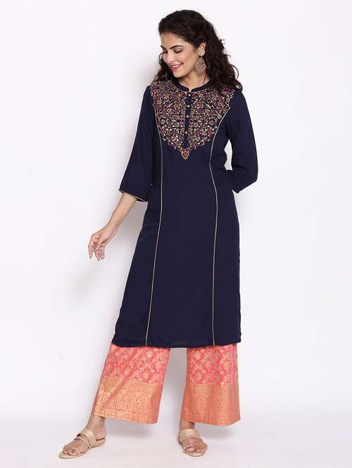 embroidered straight kurta palazzo set - 17950004 - Very Small Image - 1