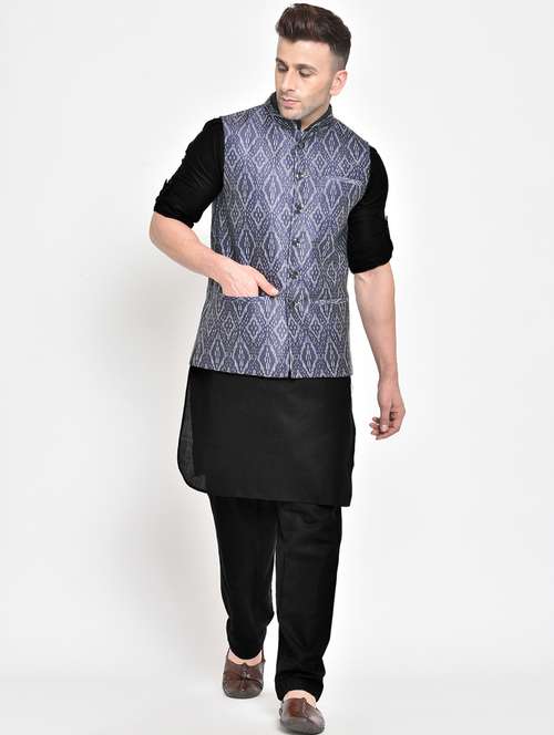 black solid kurta pyjama set with printed nehru jacket - 17976740 - Very Small Image - 1