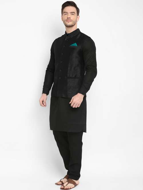 black solid kurta pyjama set with black solid nehru jacket - 17976746 - Very Small Image - 1