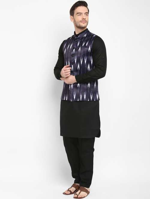 black solid kurta pyjama set with printed nehru jacket - 17976752 - Very Small Image - 1