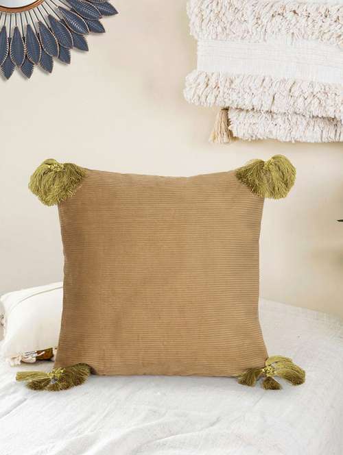 mezposh motley beige & green cotton corduroy striped tasselled cushion cover (16"x16") - 17977764 - Very Small Image - 1