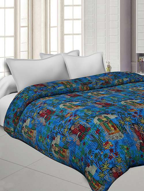 figure drawing blue cotton gudri katha work dohar comforter - 17989690 - Very Small Image - 1