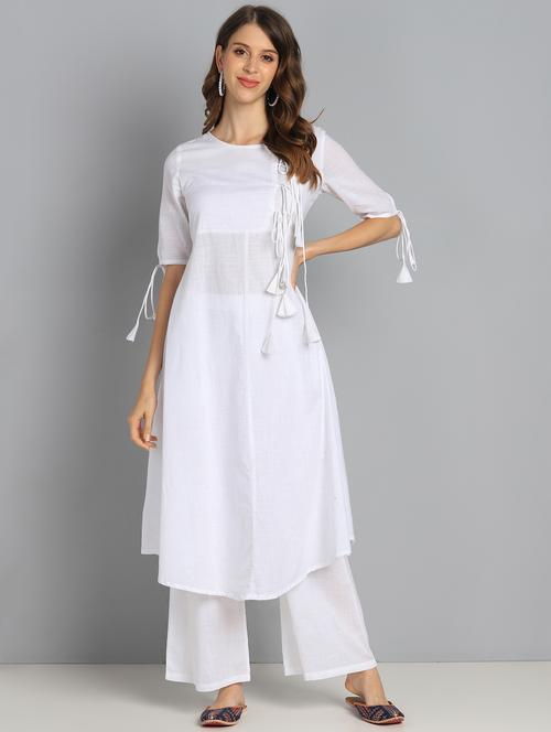 white cotton blend kurta palazzo set - 18010608 - Very Small Image - 1