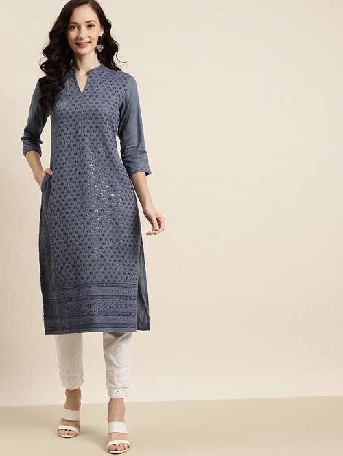 grey rayon straight kurta - 18030172 - Very Small Image - 1