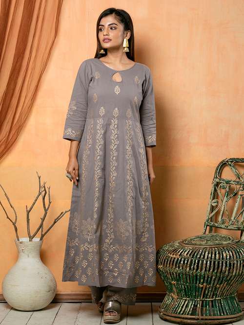 grey printed a-line kurta and palazzo set - 18065442 - Very Small Image - 1