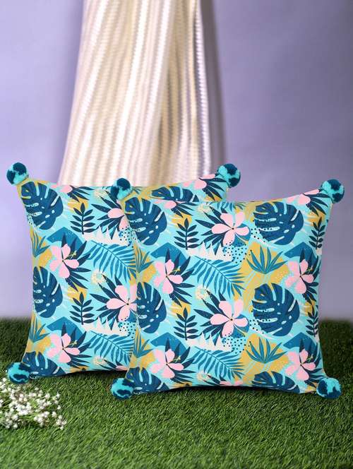 mezposh chintz turquoise & multi color polycotton botanical digital printed cushion covers with pom poms (16x16 inch) set of 2 - 18207936 - Very Small Image - 1