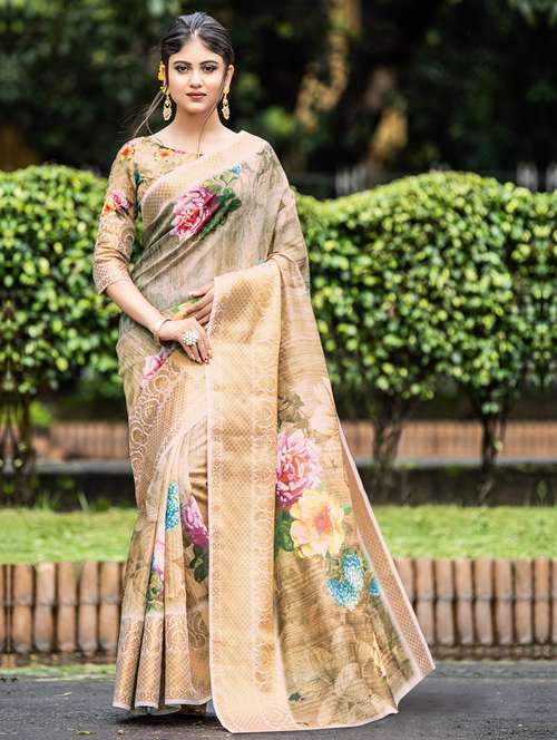 women's floral beige colored saree with blouse - 18215888 - Very Small Image - 1