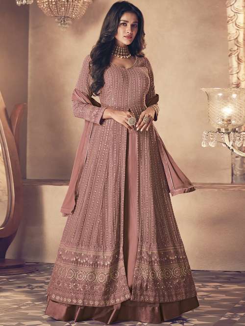 peach georgette semistitched suit - 18234870 - Very Small Image - 1
