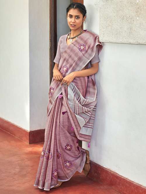 purple linen saree - 18283128 - Very Small Image - 1