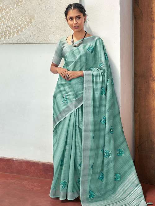 turquoise linen saree with blouse - 18283130 - Very Small Image - 1